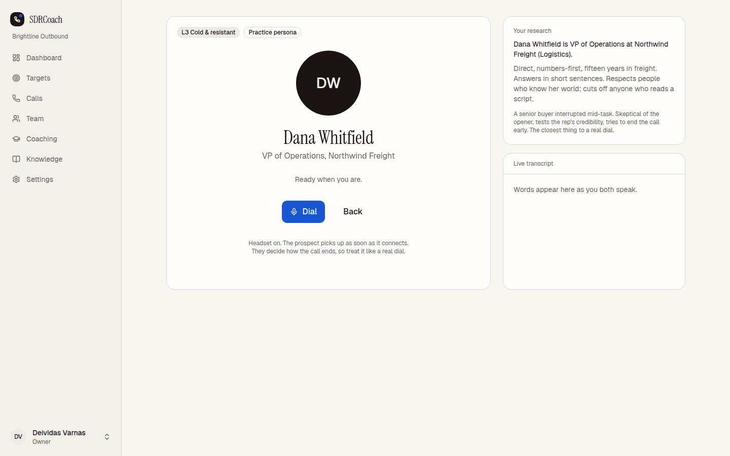 The live call screen: prospect card, level badge, timer and live transcript