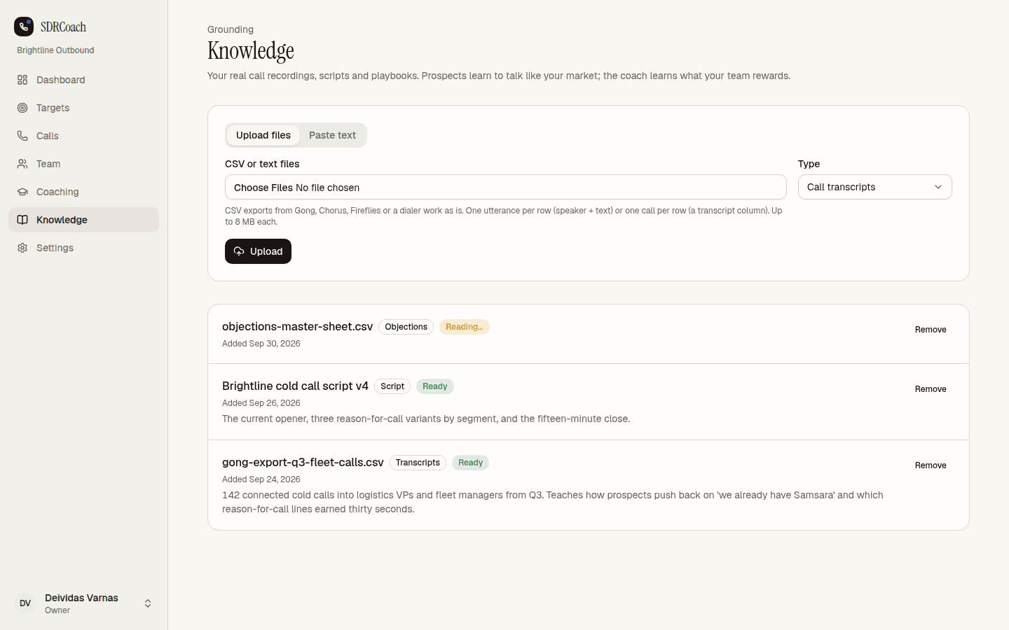 Knowledge page with uploaded transcripts and their digest status