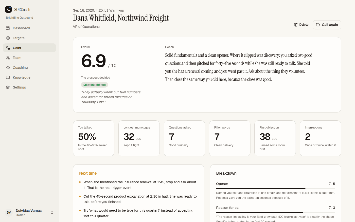 Post-call report with overall score, coach summary, stats and dimension breakdown