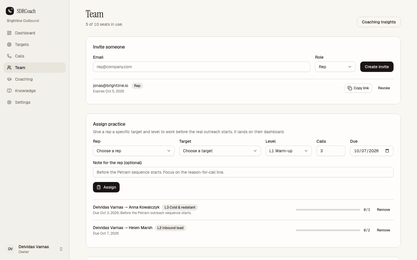 Team page with the assignment tool and per-member stats